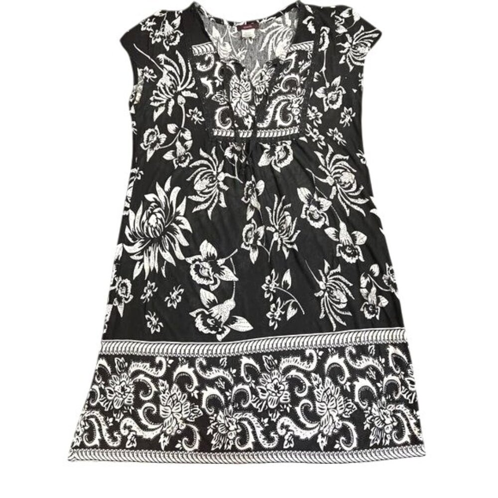 Mark Womens Black & White Floral Print Summer V-Neck Dress Knee-Length Large - Picture 1 of 13